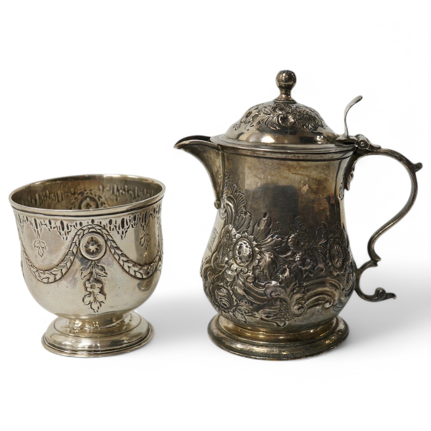 A George III miniature silver lidded jug, maker G.S, London, 1768, 97mm, together with a small George II silver pedestal bowl, William Justis, London, 1734. Condition - fair